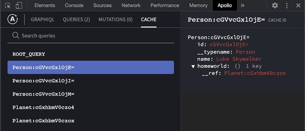 The Cache tab of the Apollo Client Devtools